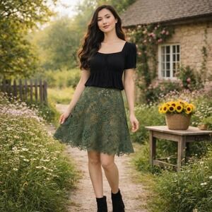 INC Lace Midi Skirt Kelly Green Indie Cottagecore Boho Floral Women's Size 10